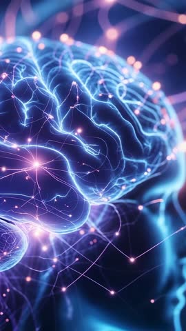 Pulsing Neural Network Brain Showing Glowing Synapses and Data Flow in Vertical Animation