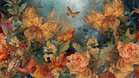 Vibrant butterflies and colorful flowers in digital pastel garden