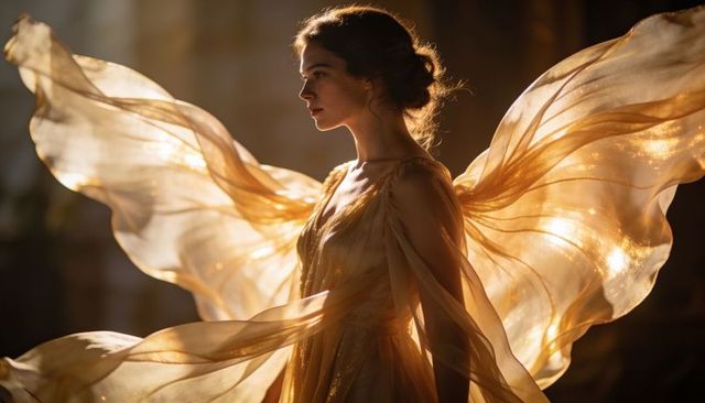 Woman wearing golden chiffon gown with glowing wing drapes, backlit ethereal portrait