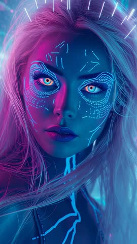 Woman Wearing Neon Circuit Face Paint Blinking Under Pulsing LED Halo | Cyberpunk Vertical Video