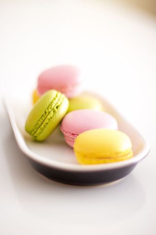 Colorful French Macarons in White Serving Dish
