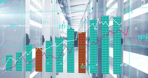 Digital Composite of Growth Graphs Over Tech Server Room Network - Download Free Stock Images Pikwizard.com