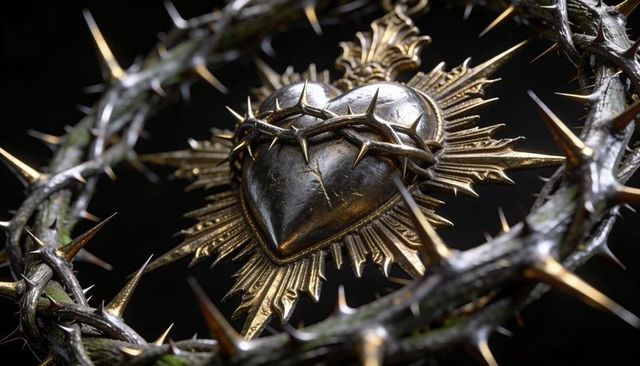 Glinting baroque sacred heart medallion with crown of thorns, sunburst and patina filigree