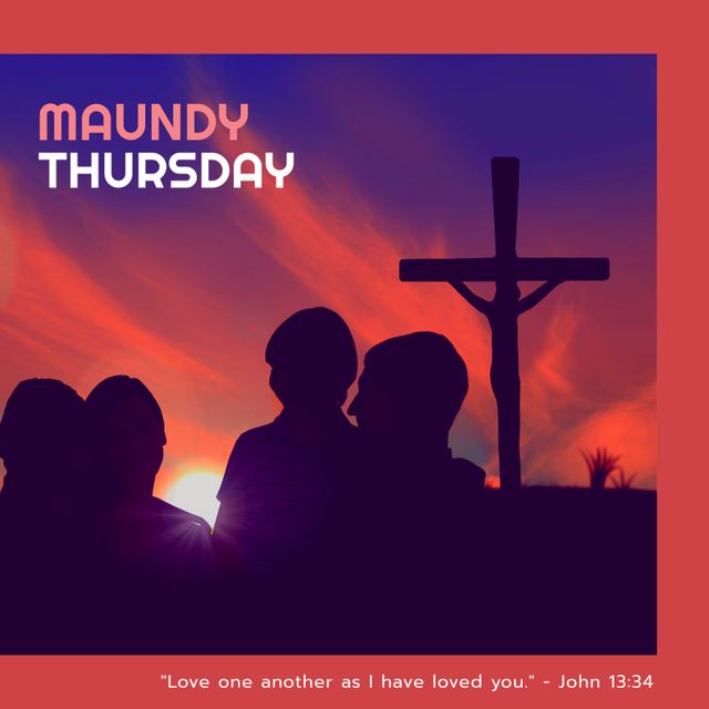 Maundy Thursday Celebration with Family Silhouettes and Cross During Sunset - Download Free Stock Templates Pikwizard.com