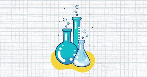 Colorful Chemistry Lab Equipment with Bubbles on Grid Background