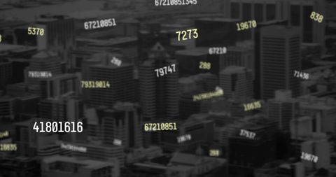 Dystopian Digital Interface with Numbers Over Cityscape