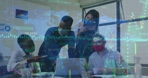 Diverse colleagues analyzing data on modern global business technology