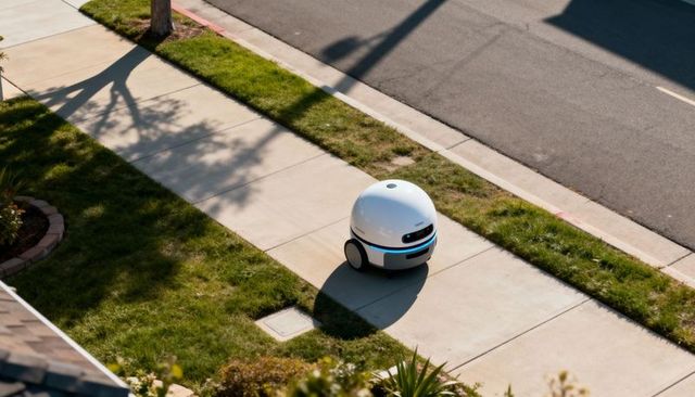 Autonomous delivery robot rolling along suburban sidewalk with blue led guidance band