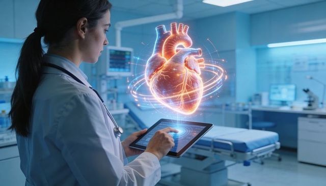 Female doctor using tablet examining holographic heart model for ar cardiac diagnostics