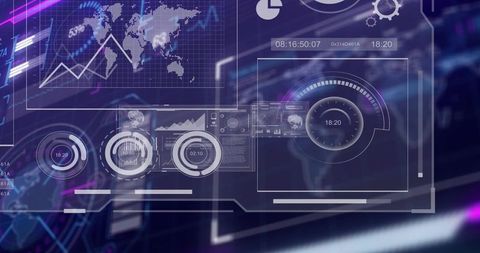 Displaying holographic data dashboard with global analytics, neon UI and circular gauges