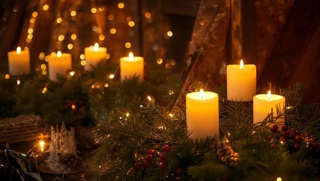 Glowing Ivory Pillar Candles on Fir Garland with Pine Cones and Red Berries Holiday Mantel
