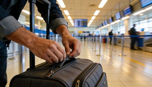 Traveler zipping carry-on suitcase at airport check-in counter, close-up hands detail