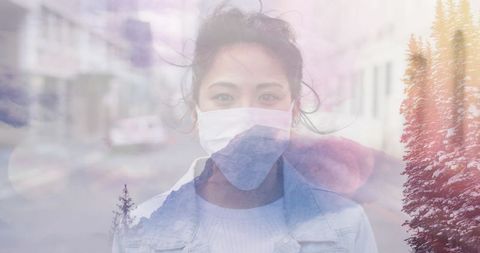 Woman wearing face mask with winter scenery collage