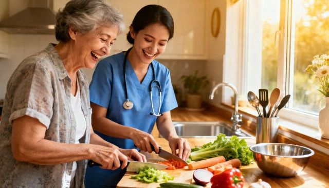 Nurse guiding senior woman chopping vegetables in sunlit home kitchen