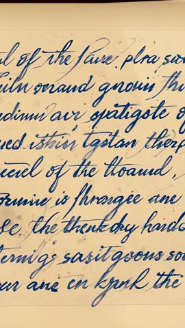 Vertical panning across aged parchment revealing blue cursive calligraphy and ink stains