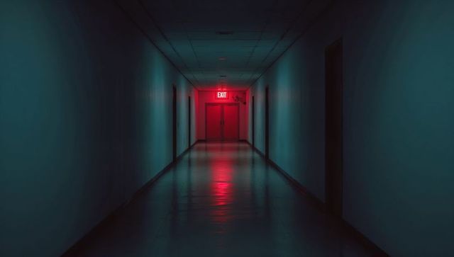 Mysterious Dimly Lit Hallway Ending with Red Exit Sign