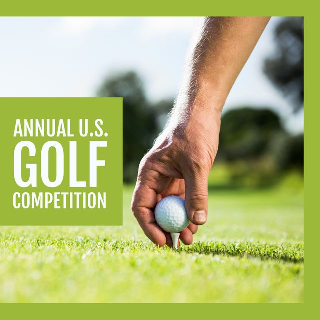 Hand holding golf ball above tee on the green amidst an annual US golf competition setting. Ideal for promoting golf events, sports advertisements, and event promotions for professional or amateur golf tournaments.