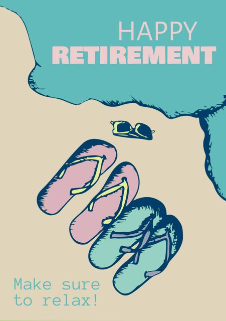 Ideal for creating retirement invitations and greeting cards. The depiction of sandals and sunglasses on the beach emphasizes relaxation and leisure. This image features a colorful and joyful design perfect for celebrating the start of a retirement journey.