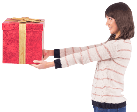 Smiling Woman Holding Large Gift Box with Transparent Background