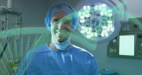 Surgeon with dna strand hologram in operation room