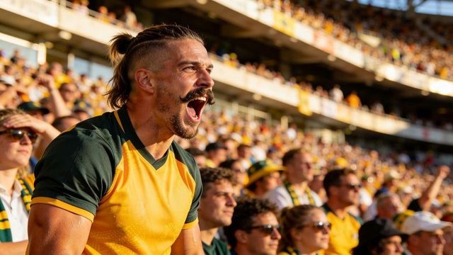Passionate stadium fan shouting wearing yellow and green jersey with cheering crowd under sunlight