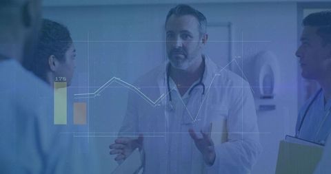 Doctors analyzing patient data with chart overlay in clinic