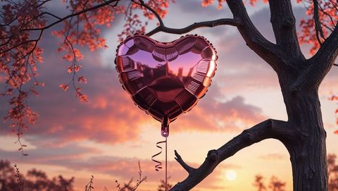 Heart balloon tied to branch at sunset in autumn park