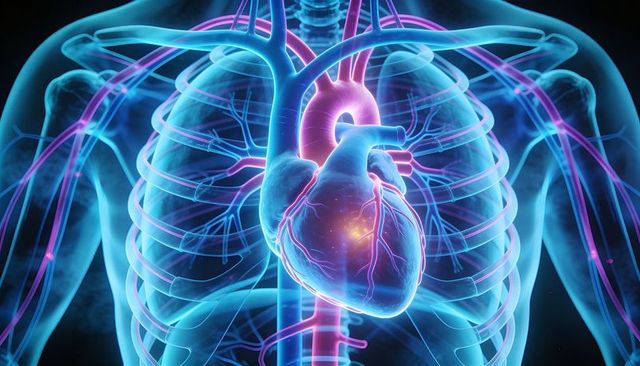 3d medical illustration showing glowing left ventricle and vascular network in thorax