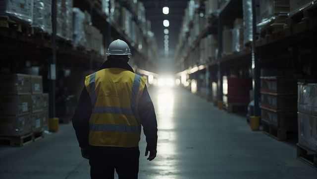 Warehouse worker walking down aisle wearing hard hat and hi-vis vest, logistics safety