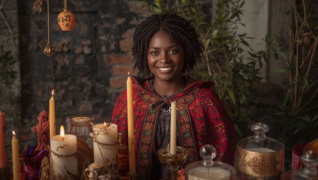 Smiling woman in red cloak with candles celebrating in mystic decor