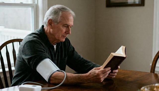 Senior man monitoring blood pressure while calmly reading paperback at sunlit dining table