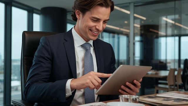 Smiling business executive using tablet in modern glass office with city skyline view