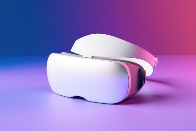 Modern virtual reality headset placed on a gradient background of purple and pink colors. Perfect for marketing materials related to advanced technology, gaming accessories, and virtual reality experiences. Useful for articles or presentations on tech trends, innovations in VR, and immersive entertainment solutions.