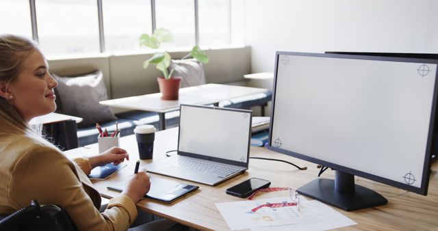 Professional Woman Working on Desk in Modern Office - Download Free Stock Images Pikwizard.com