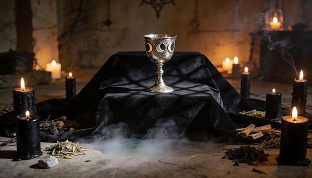 Silver moon-phase chalice standing on black velvet altar with flickering candles and misty smoke