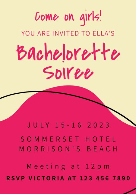 Bright and lively invitation for a bachelorette soiree. Featuring bold pink accents and playful fonts, perfect for celebrating with friends. Suitable for event planning, party announcement, festive greetings and bridal showers.