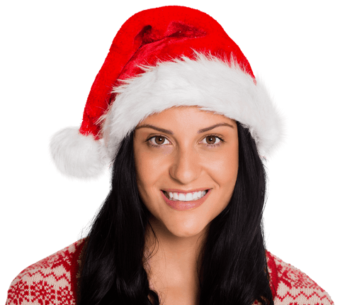 Festive Woman Smiling Wearing Santa Hat with Transparent Background