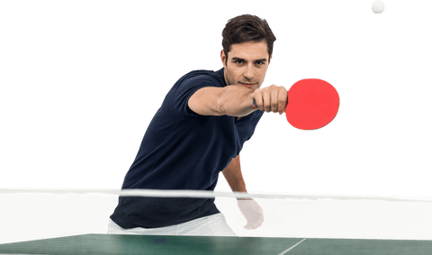 Focused male athlete playing table tennis with red paddle transparent background