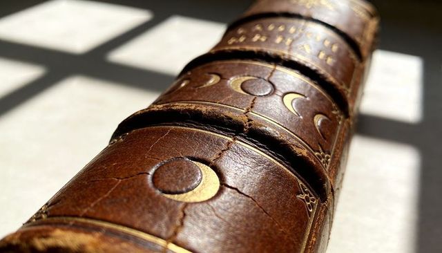 Showing aged leather book spine with gilt moon motifs, cracked patina and window shadows