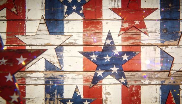 Rustic american stars and stripes on weathered wood planks vintage patriotic backdrop