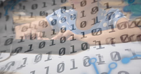 Schoolgirl Engaging in Interactive Digital Learning with Binary Data Overlay