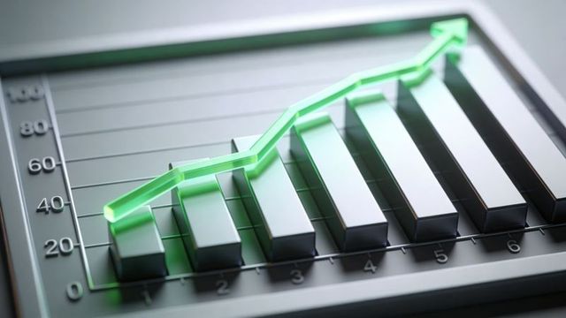 Metallic 3d bar chart with neon green rising trend arrow visualizing business growth