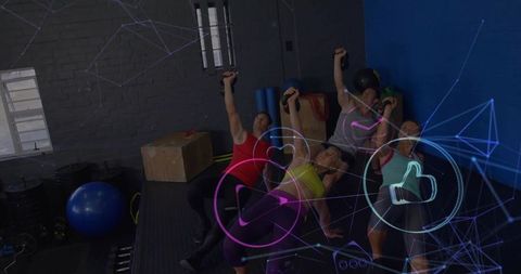 Group Fitness Training Lifting One-Arm Dumbbell Incline Presses with Neon Network Overlay