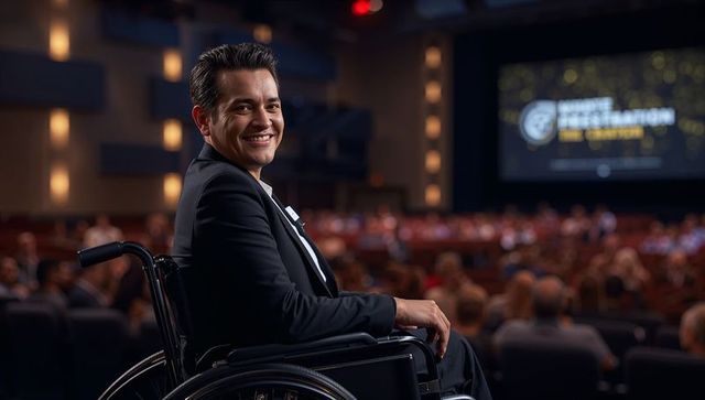 Smiling Business Professional in Wheelchair at Corporate Conference