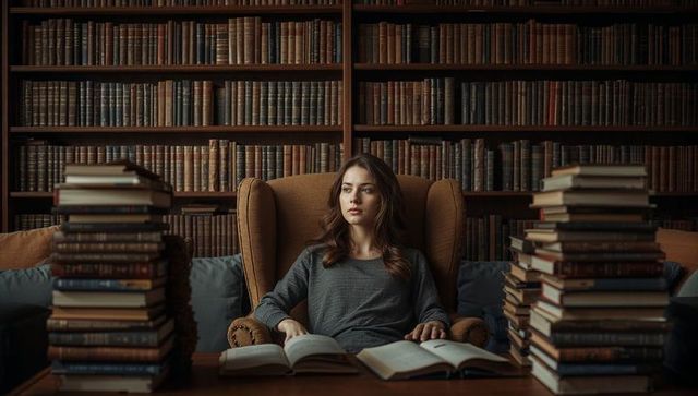 Young Woman Reading in Wingback Chair amid Vintage Library Shelves and Leatherbound Books