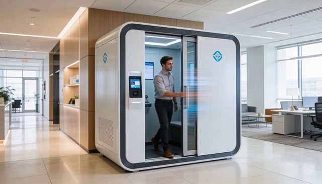 Professional exiting smart privacy pod in modern office corridor with touchscreen entry