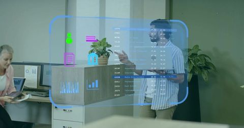 Colleagues Collaborating with a Holographic Data Display in Modern Office