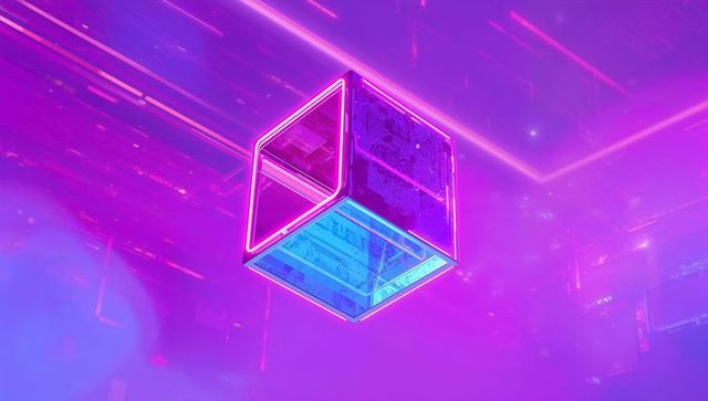 Neon Cube Floating in Virtual Sci-Fi Space