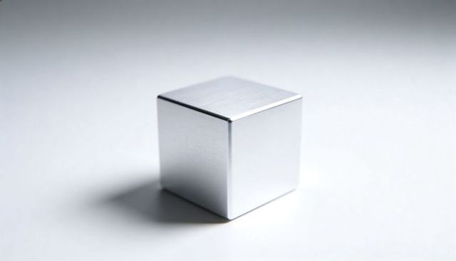 Brushed Silver Cube on White Surface Casting Soft Shadow Minimal Metallic Geometry