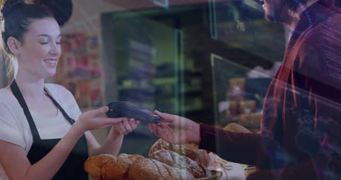 Customer Using Contactless Payment in Futuristic Bakery Setting